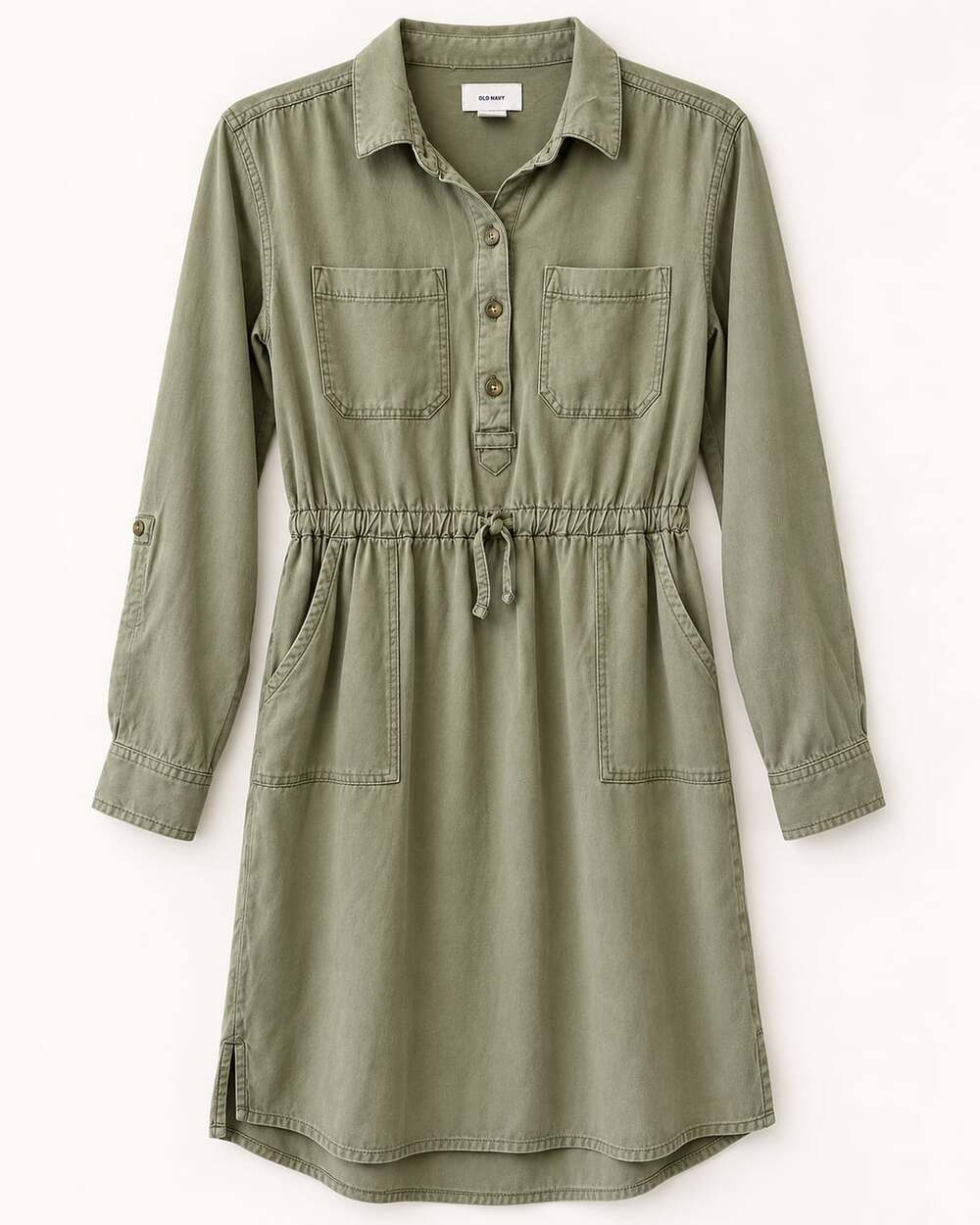 Old Navy Olive Green Utility Shirt Dress Size L 10-12 Drawstring Waist